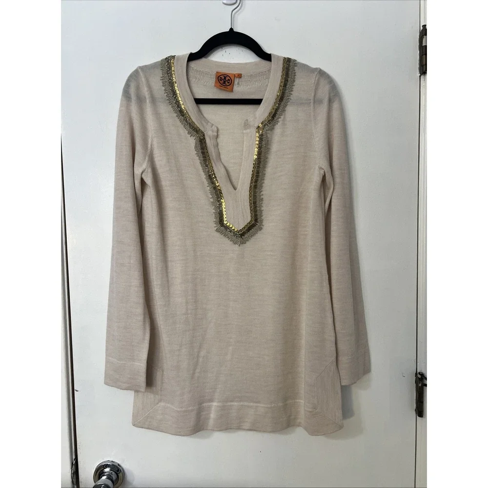 Tory Burch Dove Tunic Cream Merino‎ Wool Beaded Sweater M Preppy